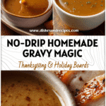 Close-up of smooth homemade gravy without drippings served beside roasted turkey breast slices.